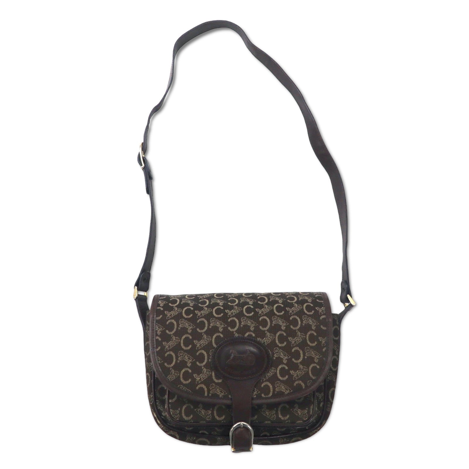 CELINE Borsa a tracolla in tela di pelle marrone con logo C Macadam vecchio modello, motivo a carrozza, Made in Italy