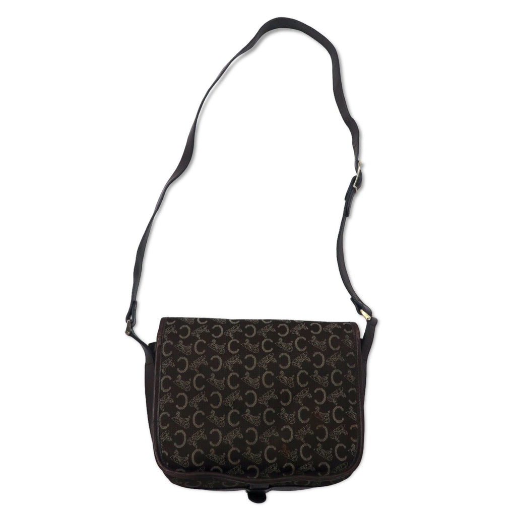 CELINE Borsa a tracolla in tela di pelle marrone con logo C Macadam vecchio modello, motivo a carrozza, Made in Italy