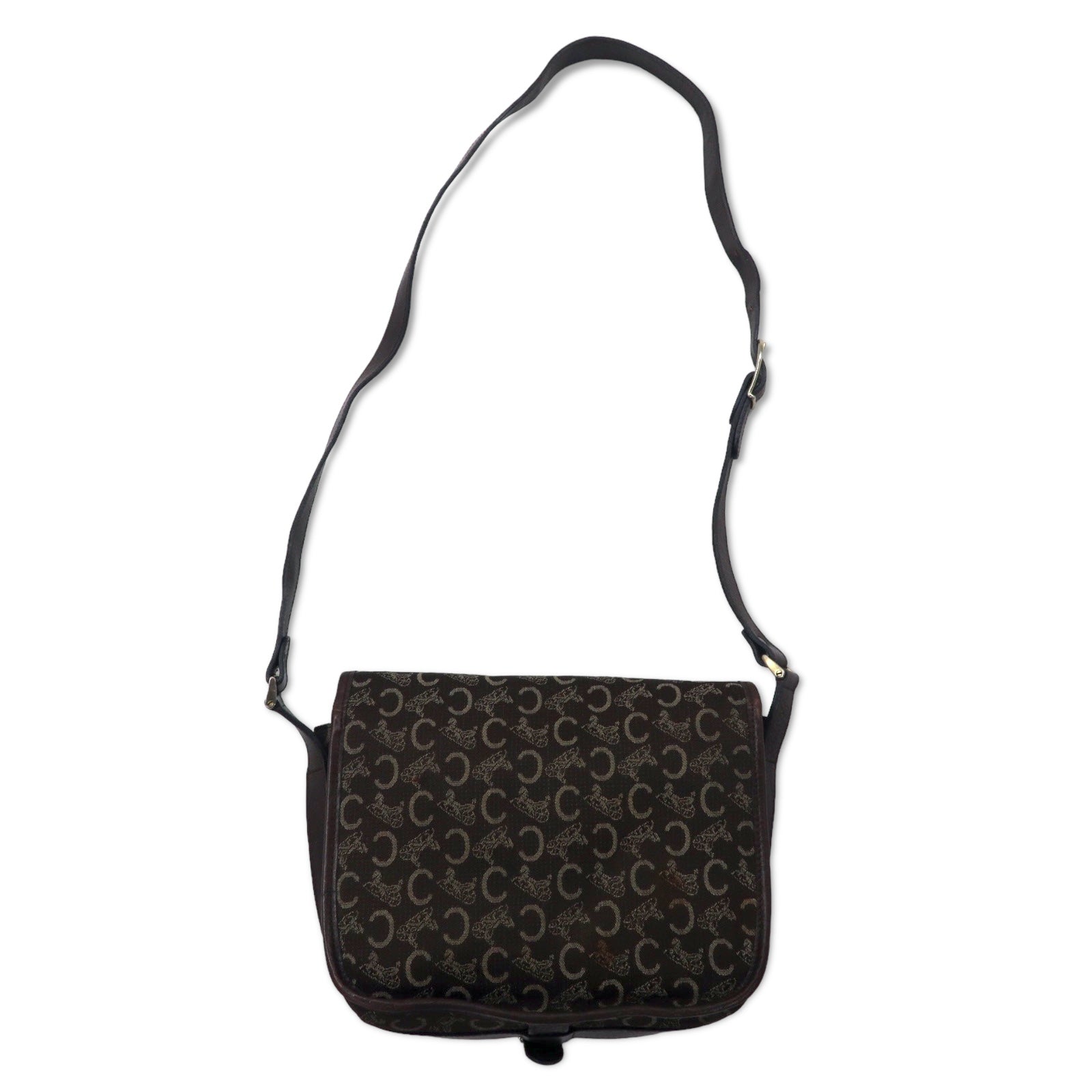 CELINE Borsa a tracolla in tela di pelle marrone con logo C Macadam vecchio modello, motivo a carrozza, Made in Italy