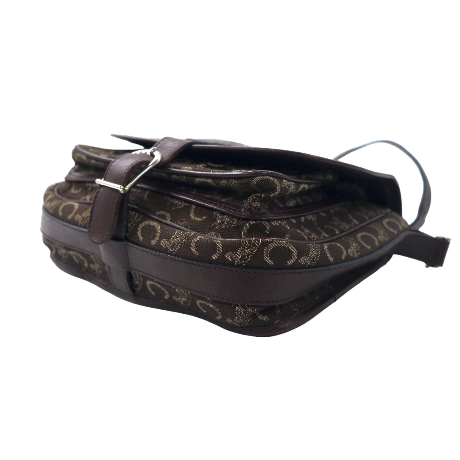 CELINE Borsa a tracolla in tela di pelle marrone con logo C Macadam vecchio modello, motivo a carrozza, Made in Italy