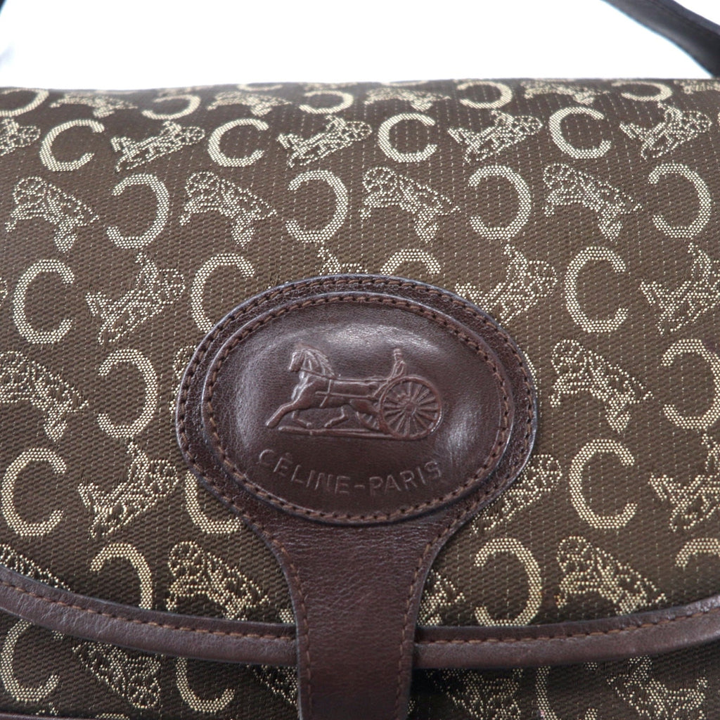 CELINE Borsa a tracolla in tela di pelle marrone con logo C Macadam vecchio modello, motivo a carrozza, Made in Italy