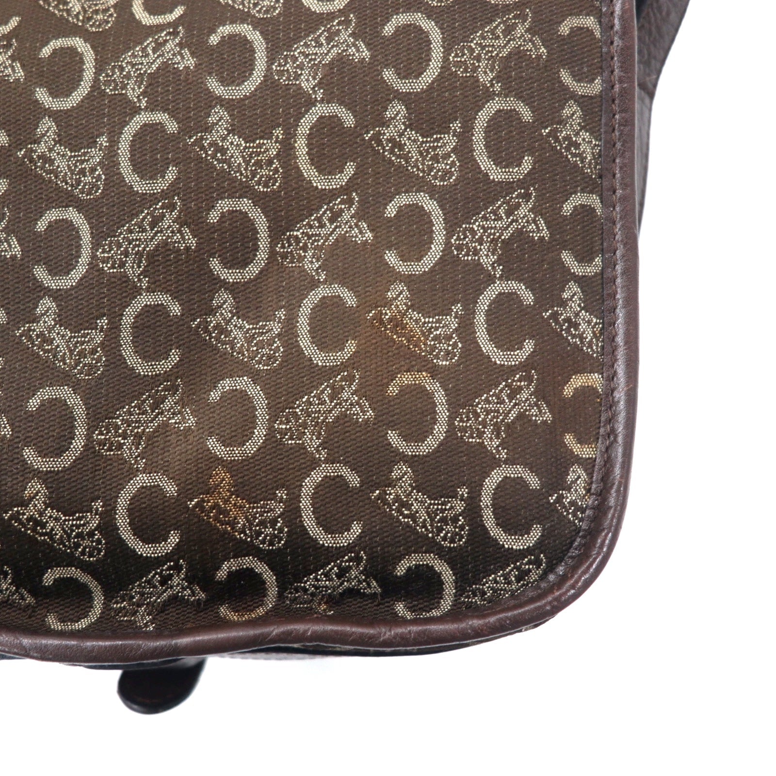 CELINE Borsa a tracolla in tela di pelle marrone con logo C Macadam vecchio modello, motivo a carrozza, Made in Italy