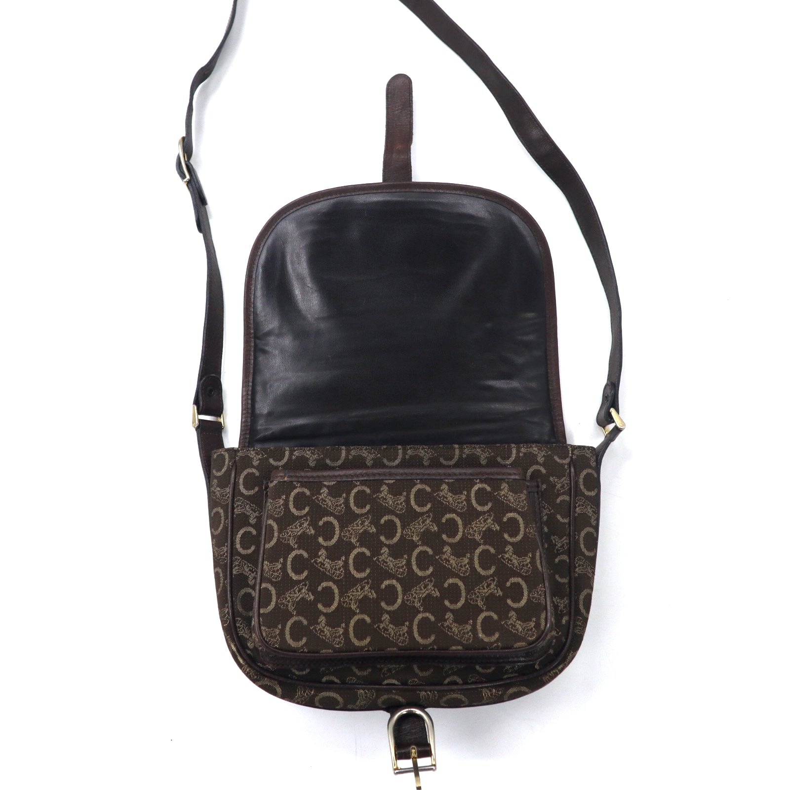 CELINE Borsa a tracolla in tela di pelle marrone con logo C Macadam vecchio modello, motivo a carrozza, Made in Italy