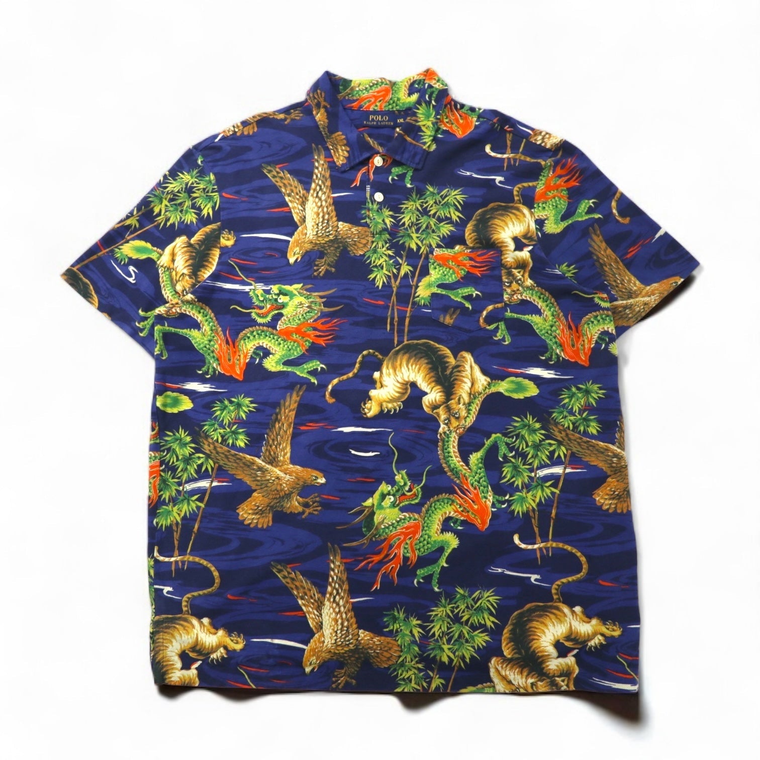 POLO RALPH LAUREN Polo giapponese 2XL blu scuro con taschino fantasia drago tigre falco