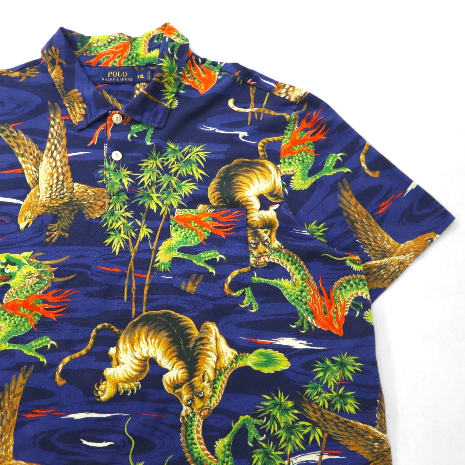 POLO RALPH LAUREN Polo giapponese 2XL blu scuro con taschino fantasia drago tigre falco