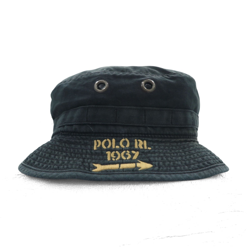 Polo by Ralph Lauren Cappello da pescatore/safari anni '90, taglia L/XL, nero, cotone sbiadito