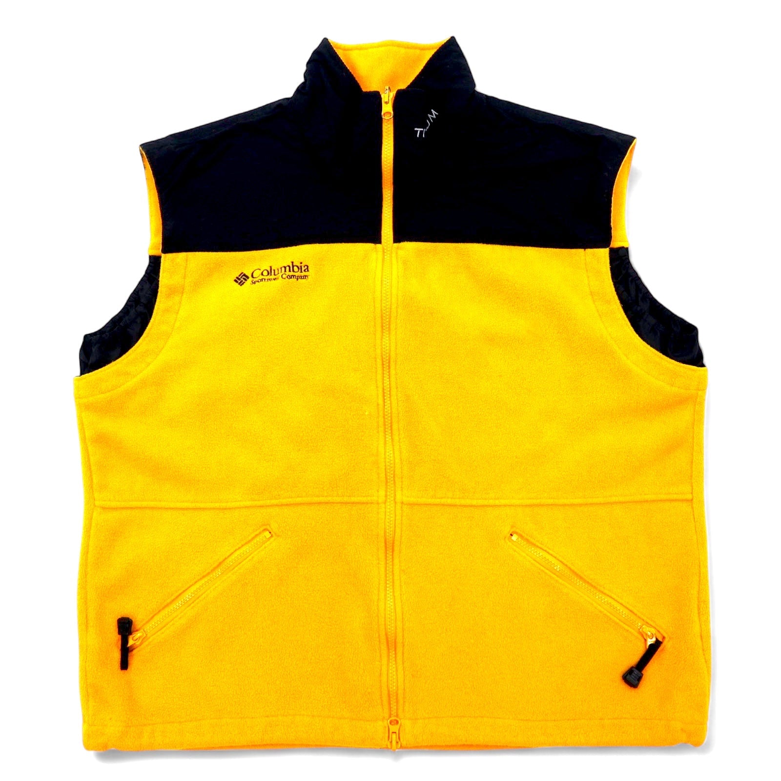 Columbia anni '90, gilet in pile con cerniera intera e inserti in nylon, taglia XL, giallo, poliestere, TITANIUM, logo ricamato, doppia cerniera