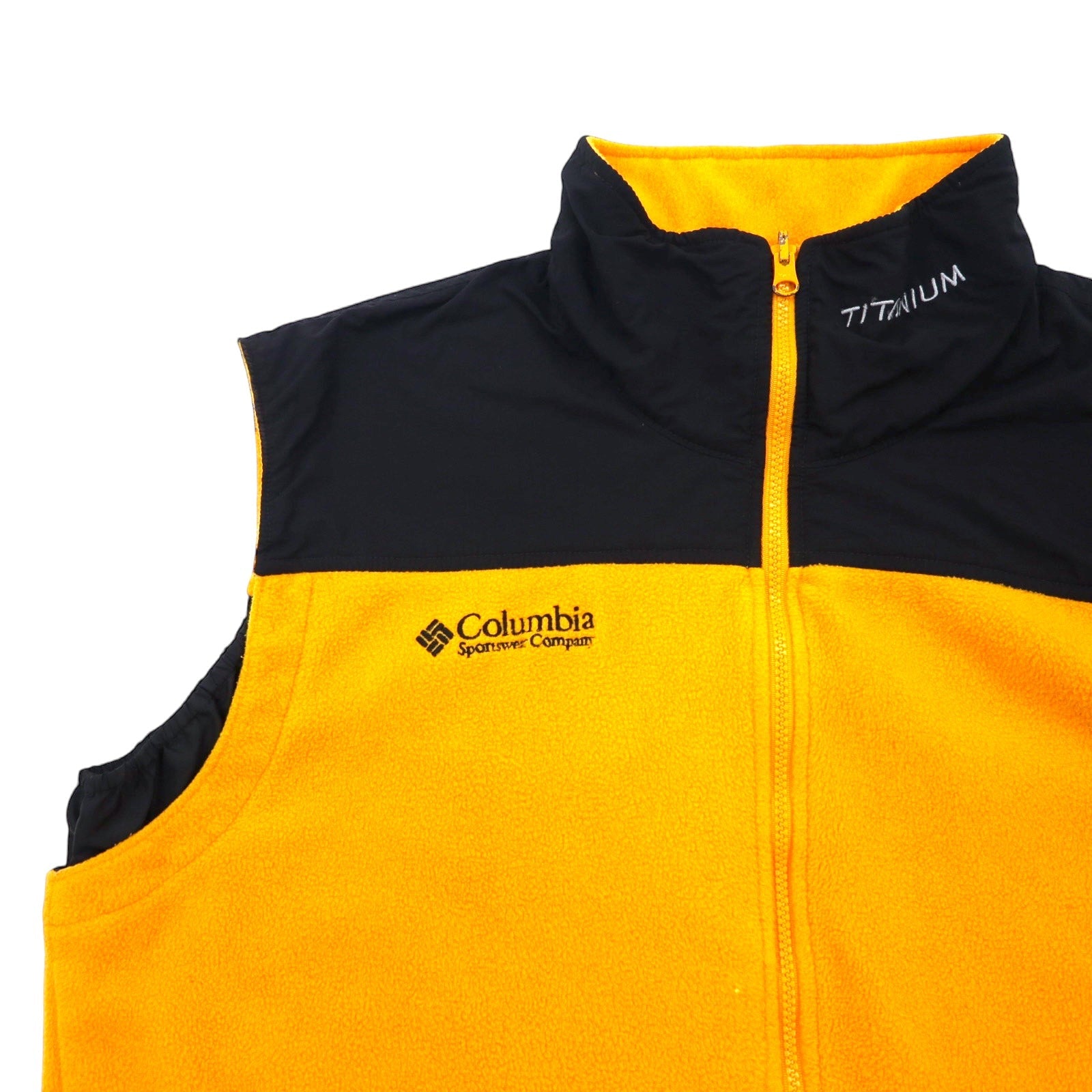 Columbia anni '90, gilet in pile con cerniera intera e inserti in nylon, taglia XL, giallo, poliestere, TITANIUM, logo ricamato, doppia cerniera