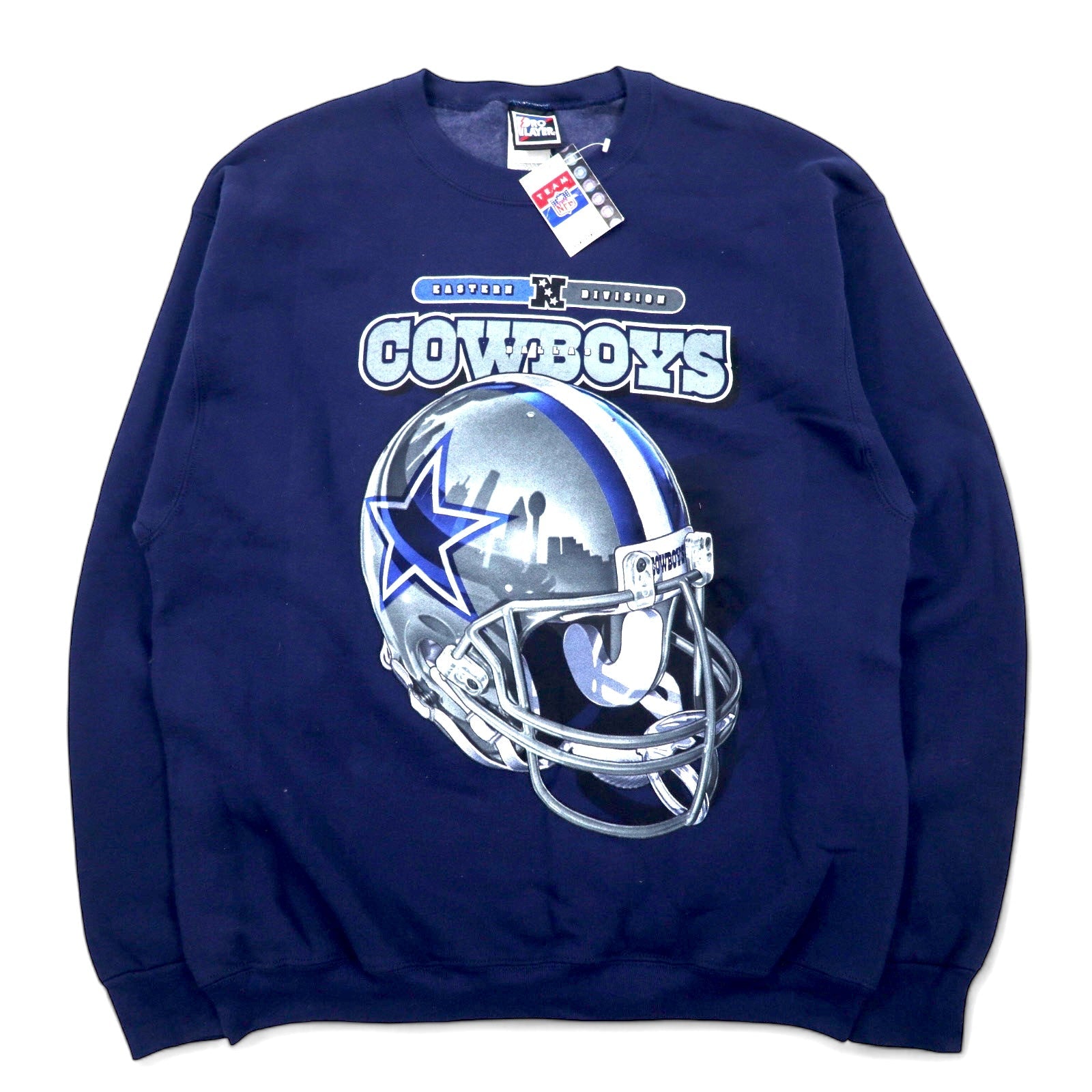 Felpa NFL PRO PLAYER anni '90, stampa football, taglia L, blu navy, cotone felpato, DALLAS COWBOYS, Made in Mexico, nuovo con etichette