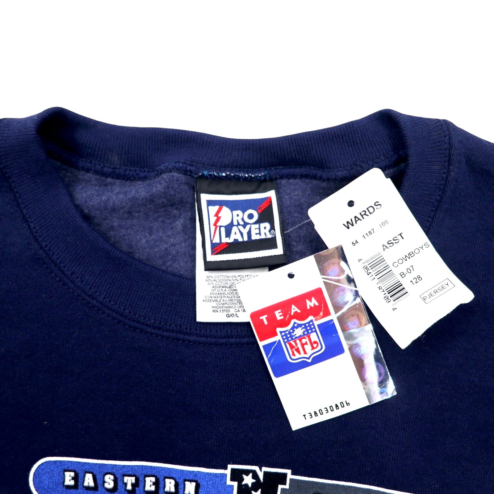 Felpa NFL PRO PLAYER anni '90, stampa football, taglia L, blu navy, cotone felpato, DALLAS COWBOYS, Made in Mexico, nuovo con etichette