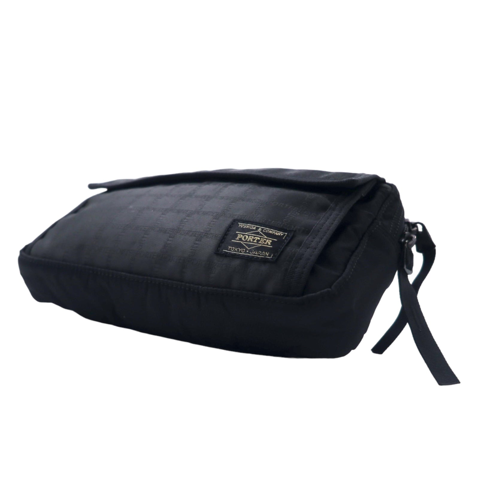 PORTER Marsupio nero con fantasia, Borsa a tracolla nera, Nylon, Logo all-over, Prodotto in Giappone