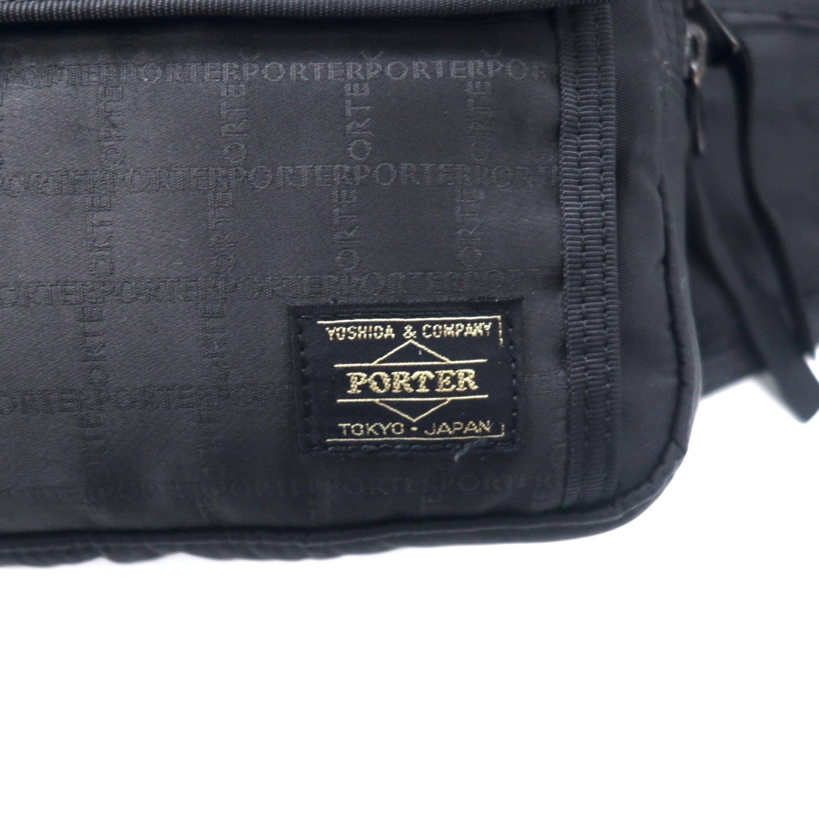 PORTER Marsupio nero con fantasia, Borsa a tracolla nera, Nylon, Logo all-over, Prodotto in Giappone
