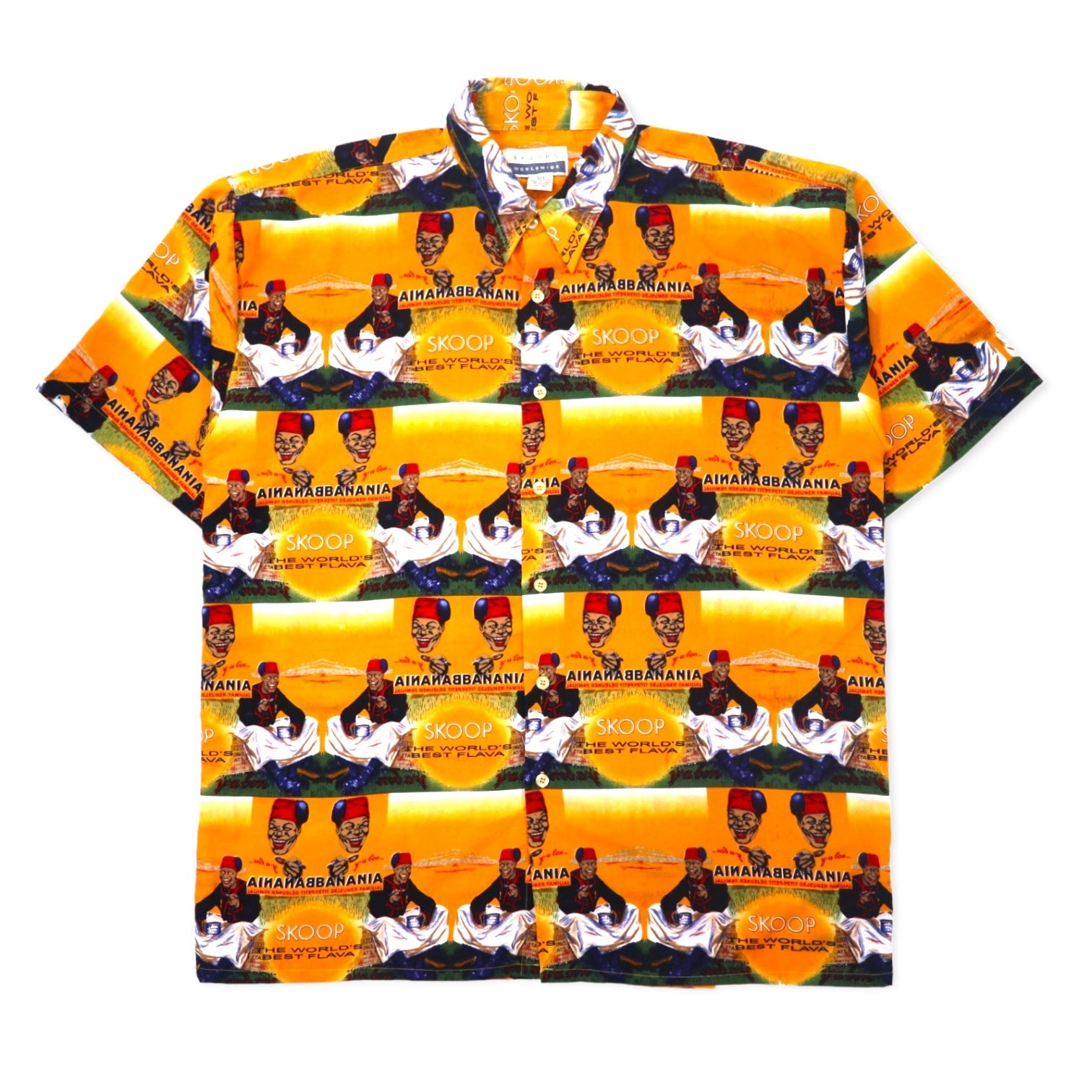 Camicia SKOOPS WORLDWIDE anni '90, grafica all-over, stile hawaiano, XXL, gialla, in poliestere, taglia grande