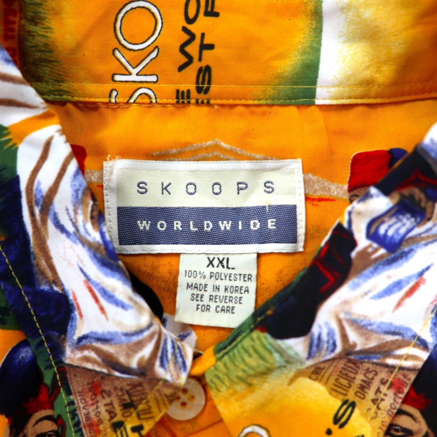 Camicia SKOOPS WORLDWIDE anni '90, grafica all-over, stile hawaiano, XXL, gialla, in poliestere, taglia grande
