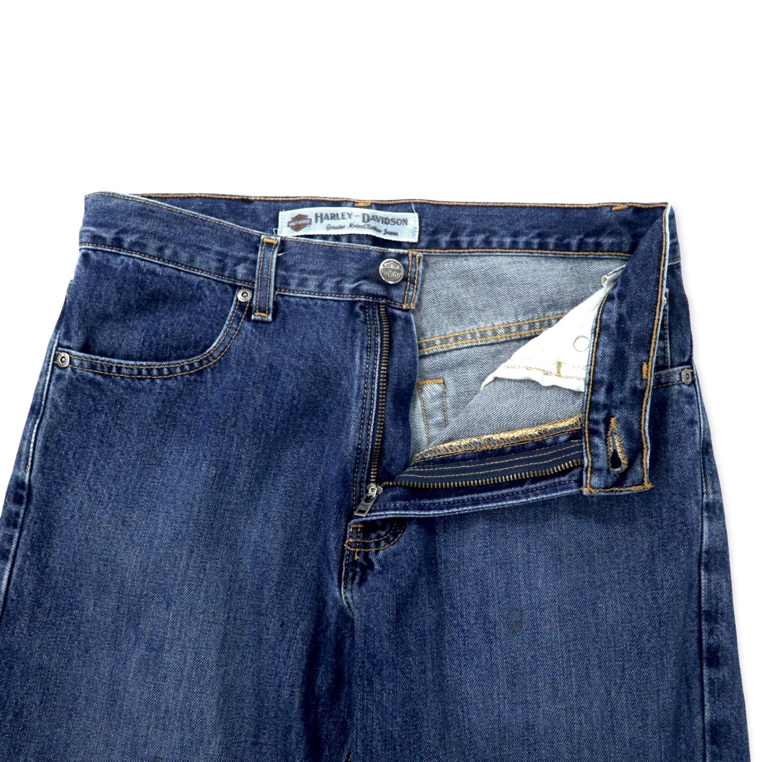 HARLEY DAVIDSON Pantaloni in denim 30 blu cotone cerniera sulla patta toppa in pelle Made in Messico