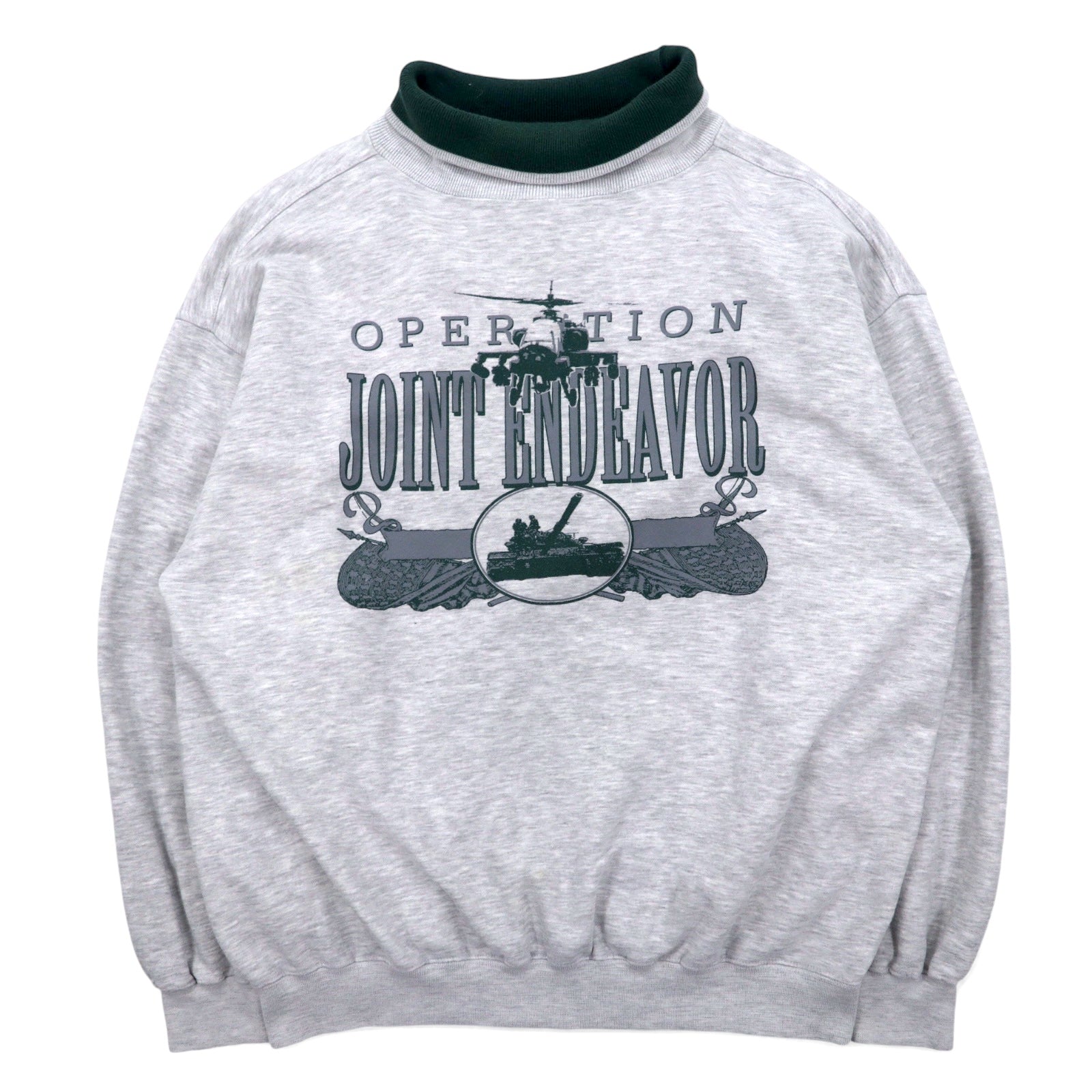 Anni '90 Felpa girocollo alta GEAR FOR SPORTS L Grigia Cotone Stampa Aereo da caccia JOINT ENDEAVOR