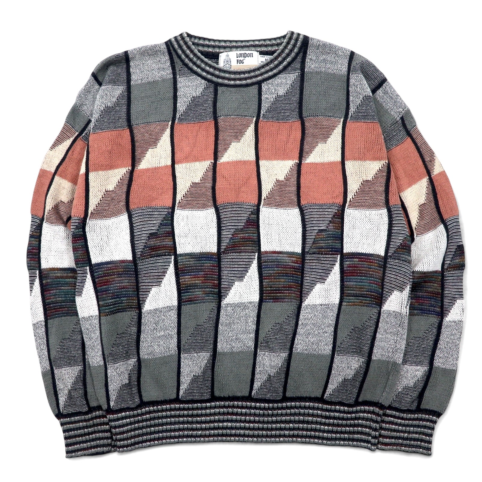 LONDON FOG anni '90, Made in USA, Maglione a maglia grossa con motivo integrale, taglia M, grigio, multicolore, in cotone, color block