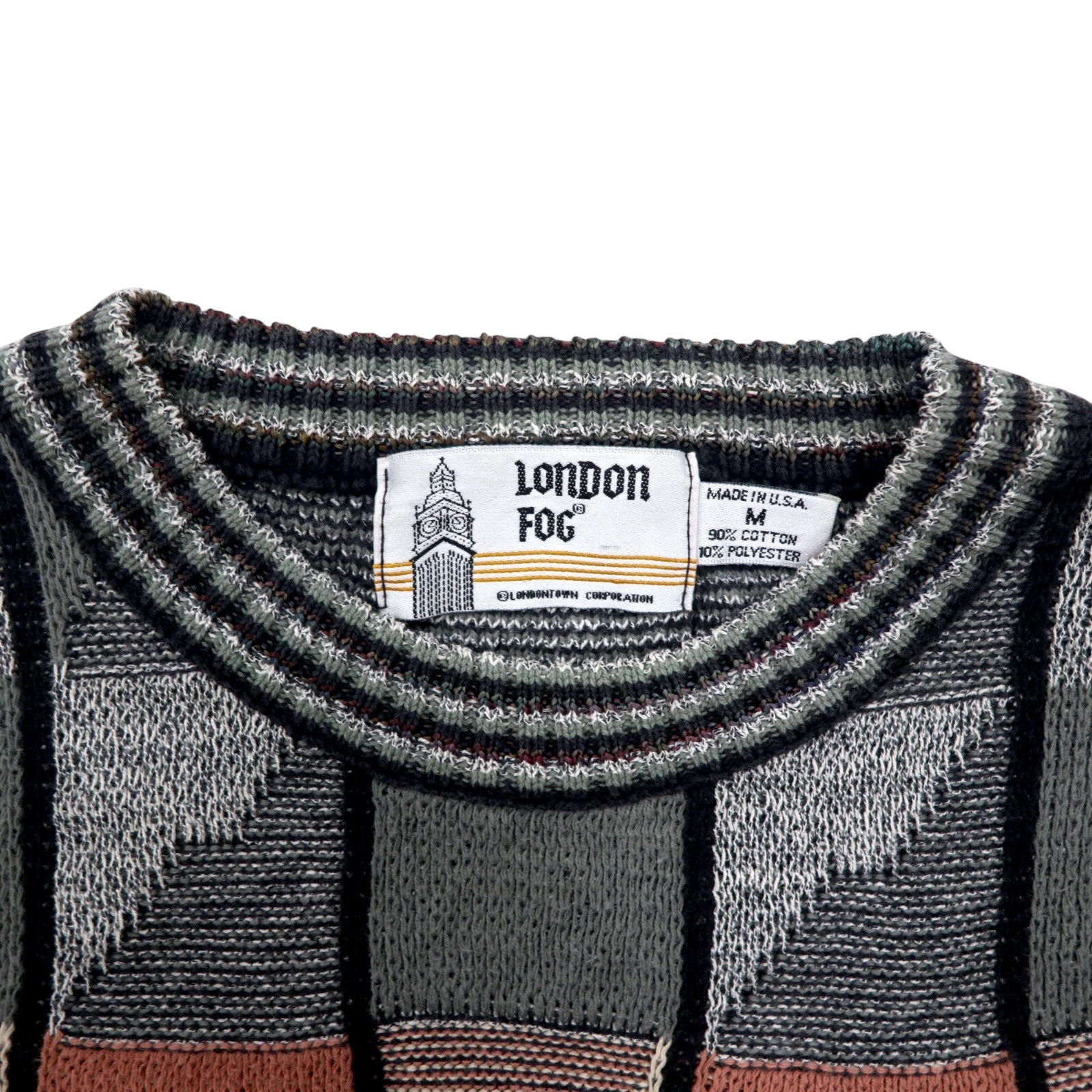 LONDON FOG anni '90, Made in USA, Maglione a maglia grossa con motivo integrale, taglia M, grigio, multicolore, in cotone, color block