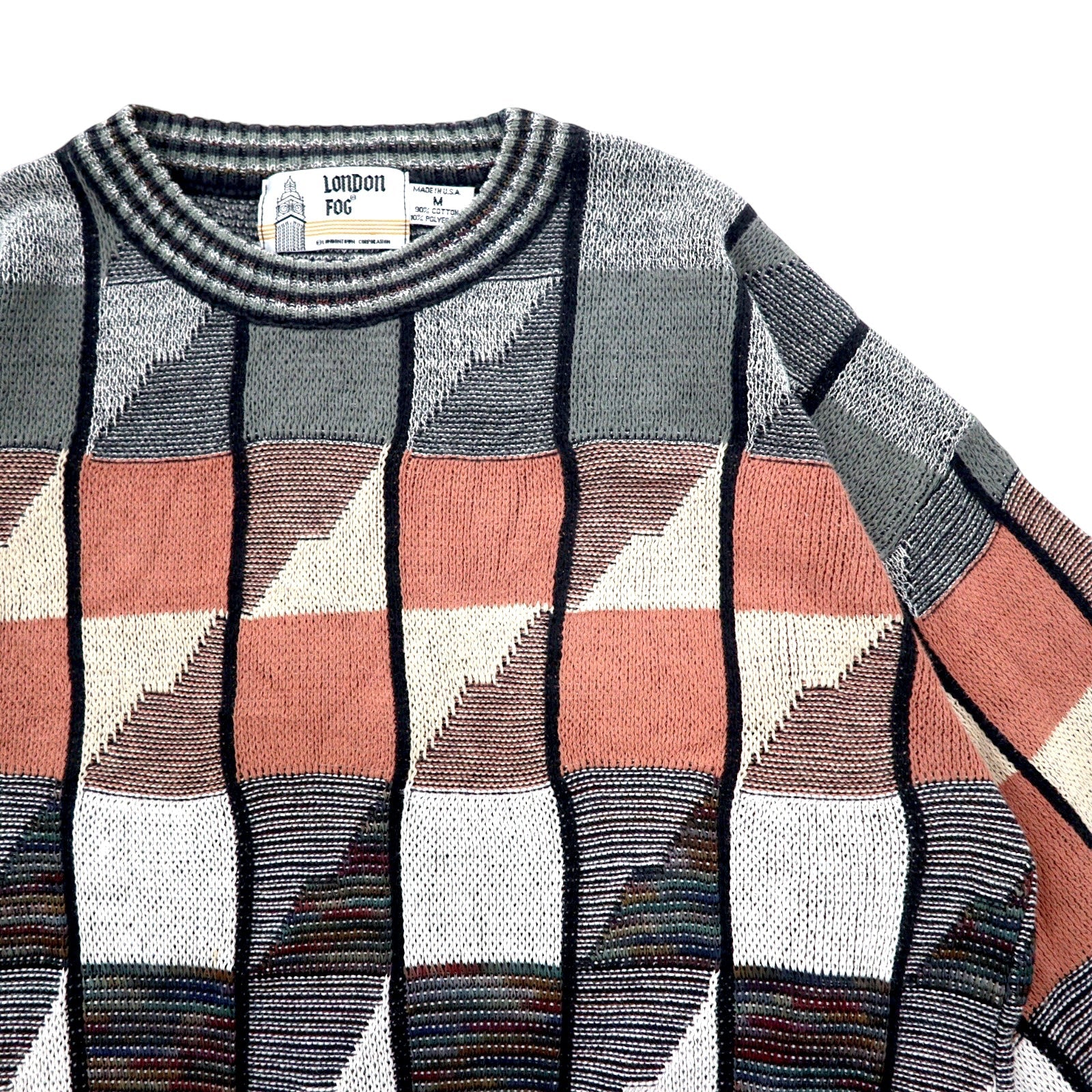 LONDON FOG anni '90, Made in USA, Maglione a maglia grossa con motivo integrale, taglia M, grigio, multicolore, in cotone, color block