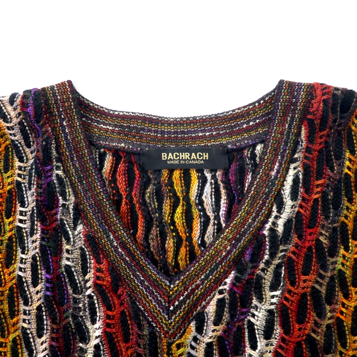 Maglione in maglia a trama grossa 3D di BACHRACH anni '90, fabbricato in Canada, taglia L, multicolor, fantasia all-over, cotone