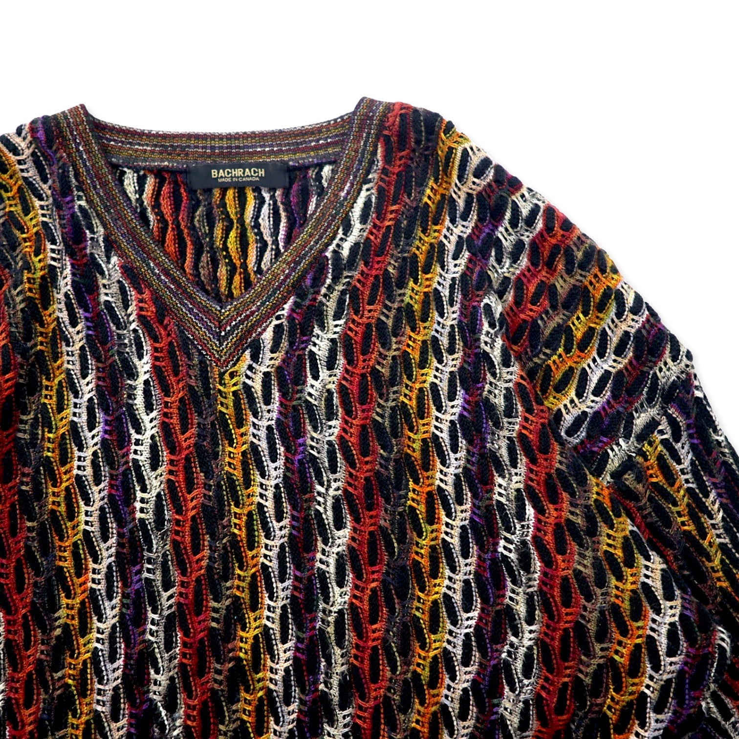 Maglione in maglia a trama grossa 3D di BACHRACH anni '90, fabbricato in Canada, taglia L, multicolor, fantasia all-over, cotone