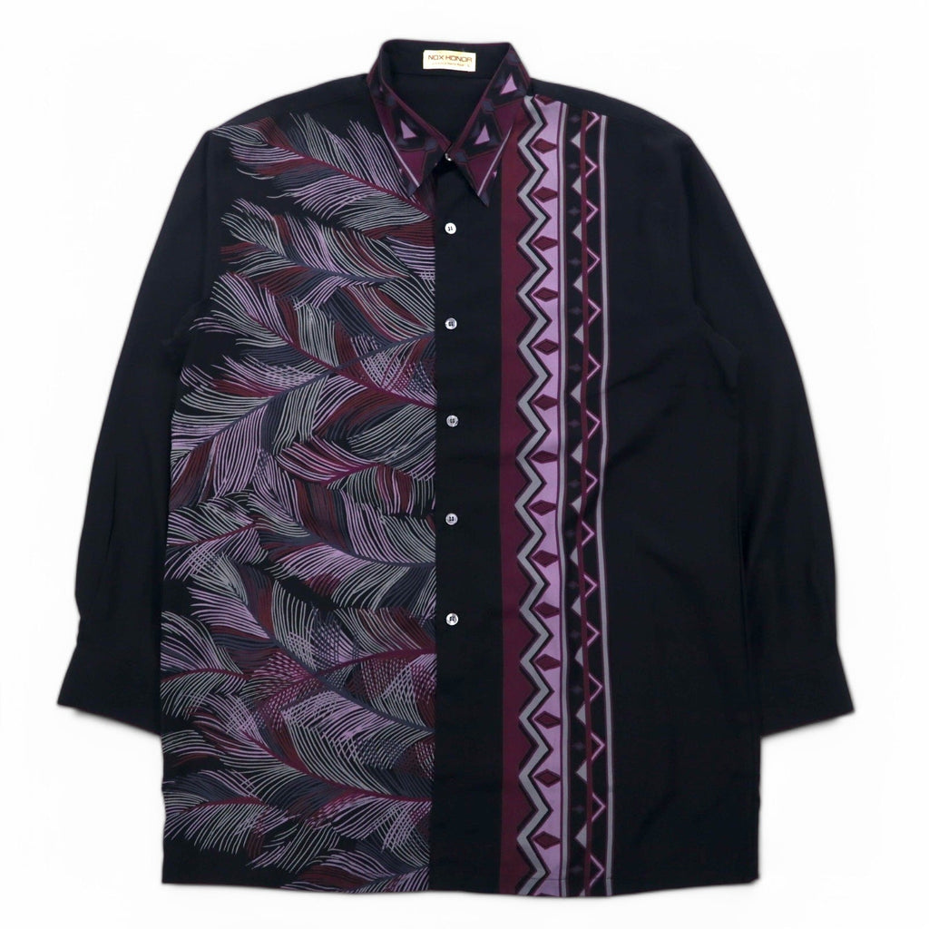 Vintage 90s Japan Made Retro Shirt NOX HONOR ポリシャツ L ブラック ネイティブ柄 ポリエステル
