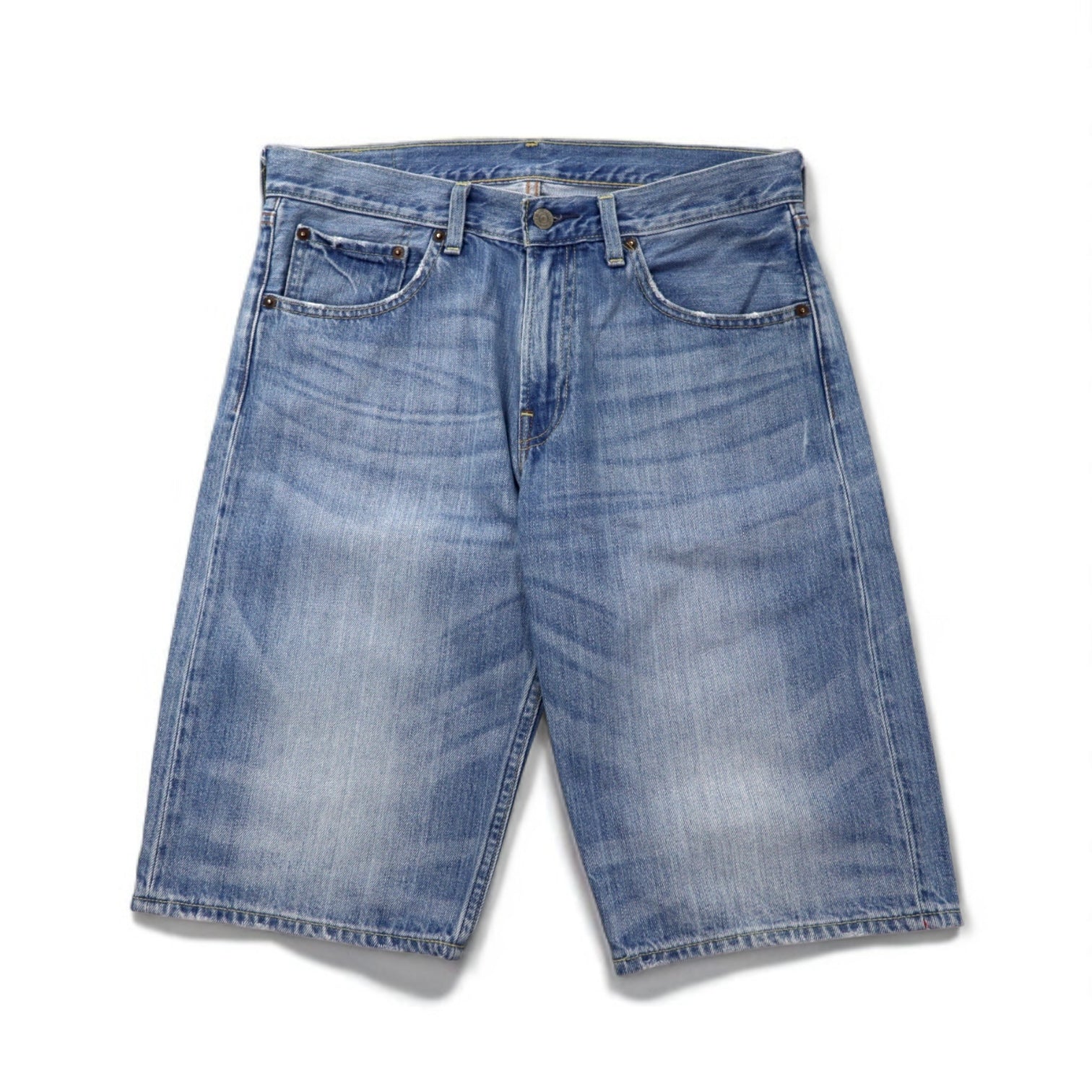 Levi's 503 Pantaloncini in denim, shorts a mezza gamba, taglia M, indaco blu, toppa in pelle, chiusura con cerniera, 503-0035