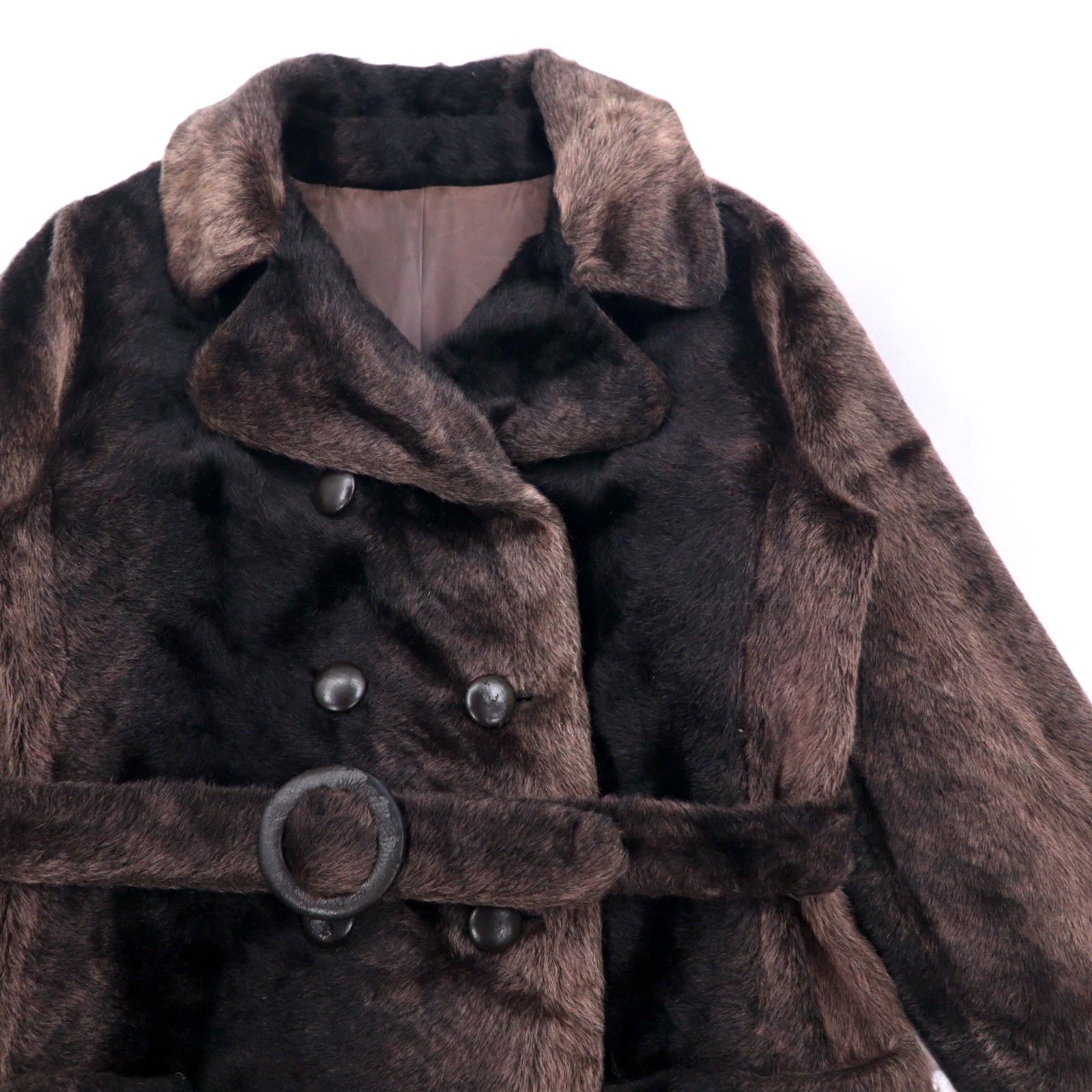 Vintage 60s Fur Coat Style by Fairmoorフランス製 60年代 ダブルブレスト ファーコート FREE ブラウン 毛皮 ベルト付き