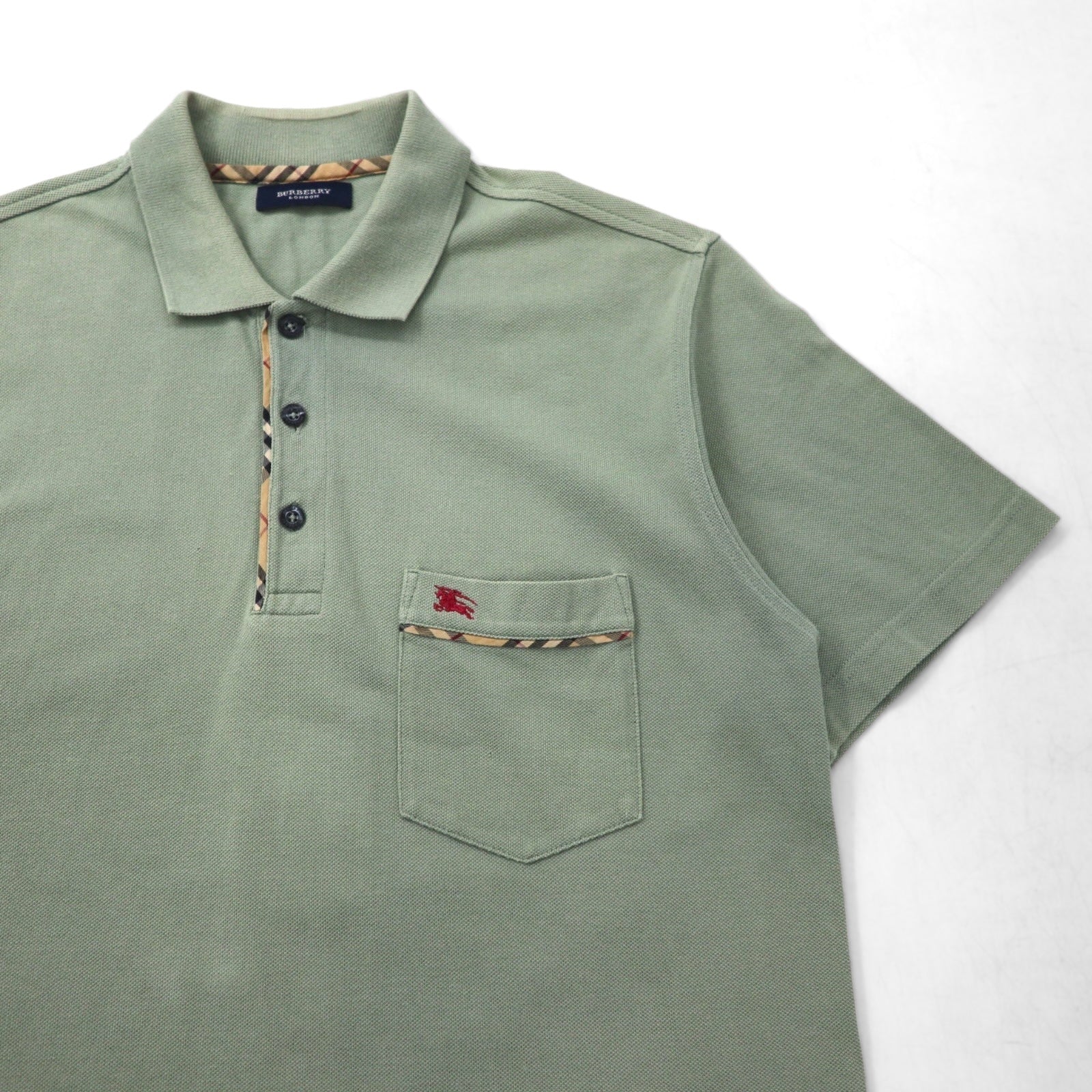 BURBERRY Polo L Verde Khaki Cotone Piqué Taschino sul petto Logo ricamato