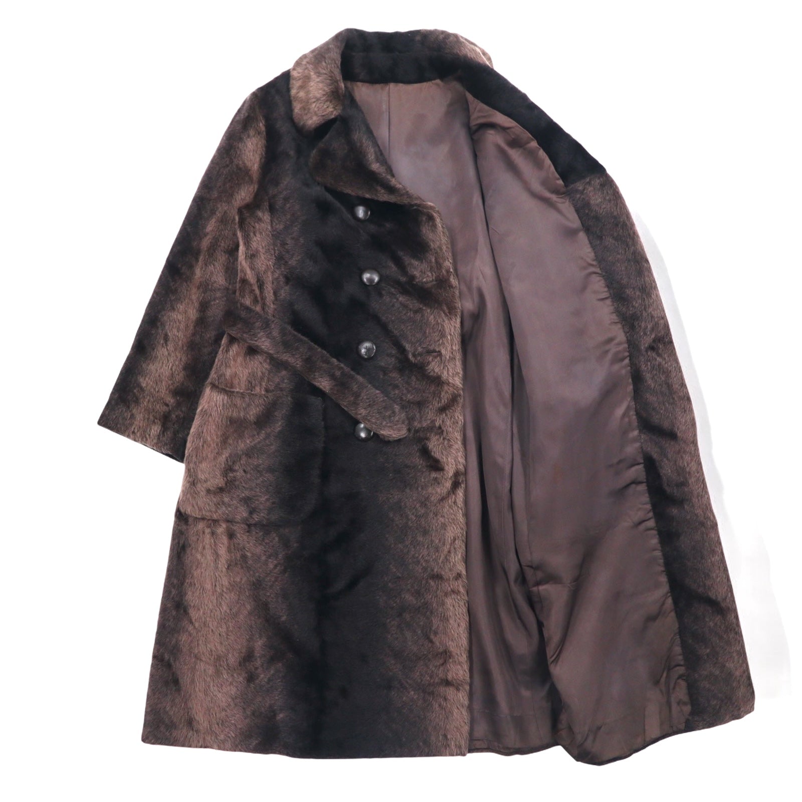 Vintage anni '60 Cappotto di pelliccia stile Fairmoor - Cappotto di pelliccia doppiopetto anni '60 made in France, taglia unica, marrone, con cintura