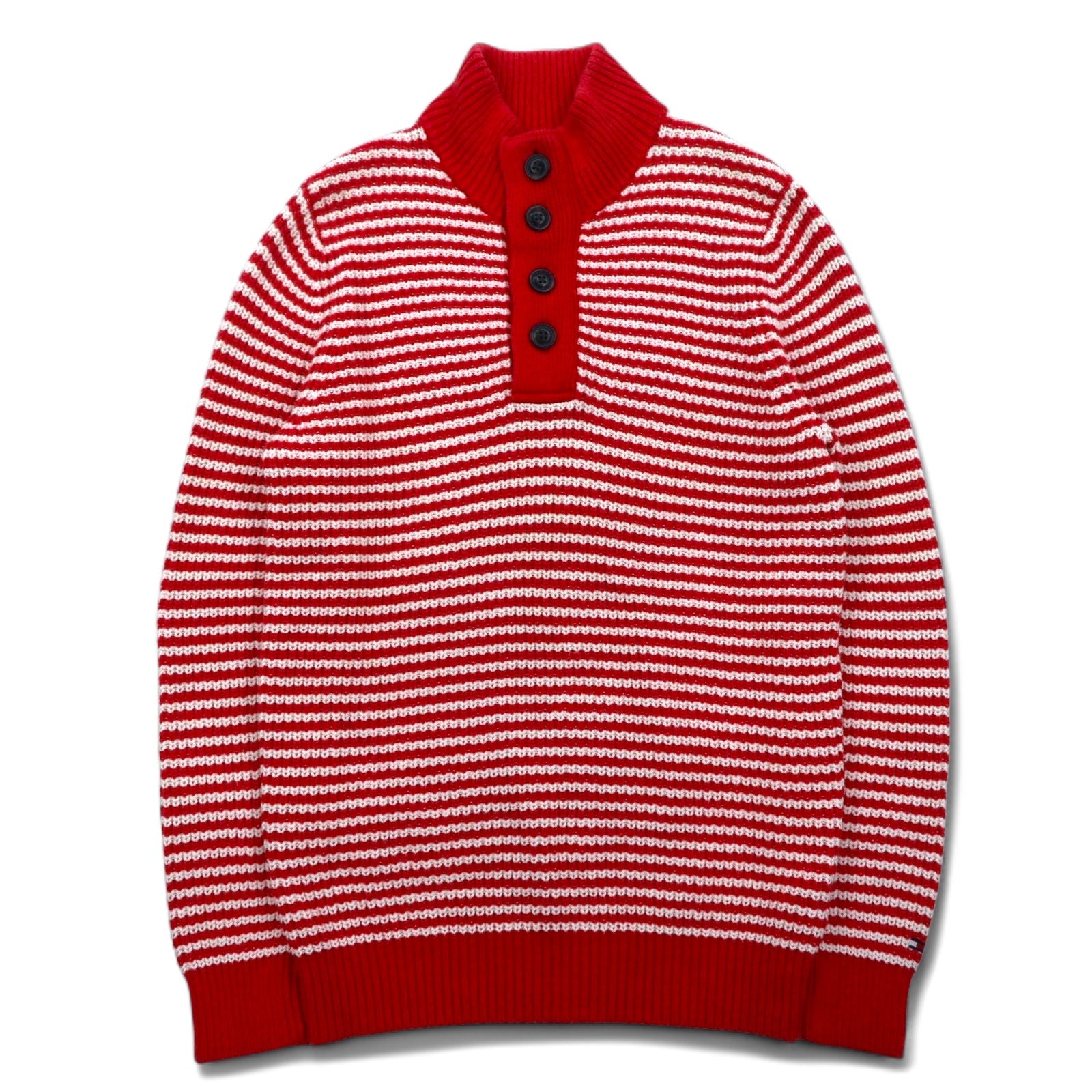 TOMMY HILFIGER Maglione in maglia waffle con mezza abbottonatura, taglia L, rosso a righe, a maglia larga