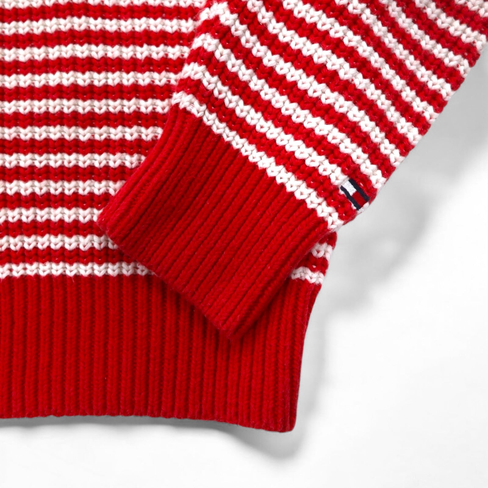 TOMMY HILFIGER Maglione in maglia waffle con mezza abbottonatura, taglia L, rosso a righe, a maglia larga