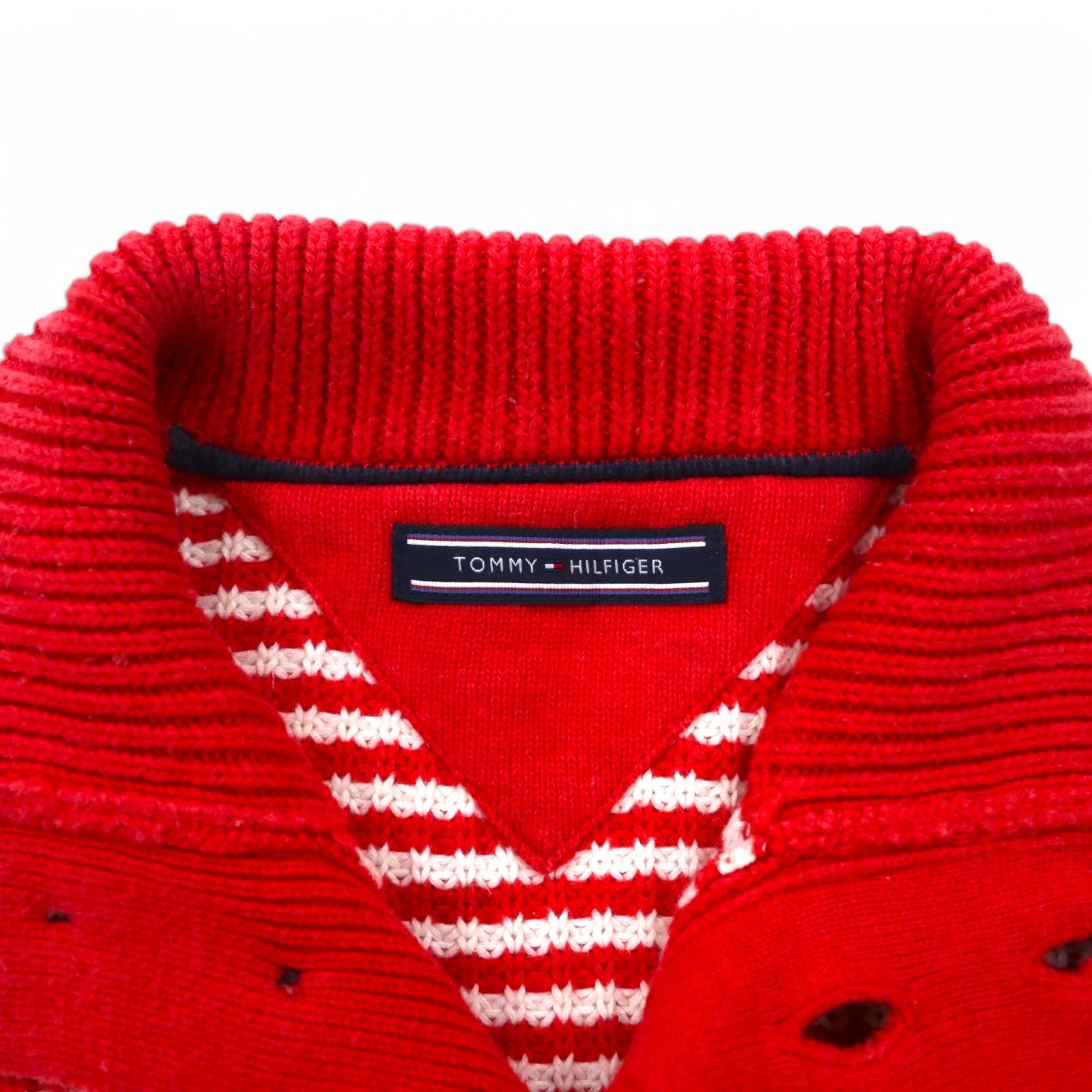 TOMMY HILFIGER Maglione in maglia waffle con mezza abbottonatura, taglia L, rosso a righe, a maglia larga