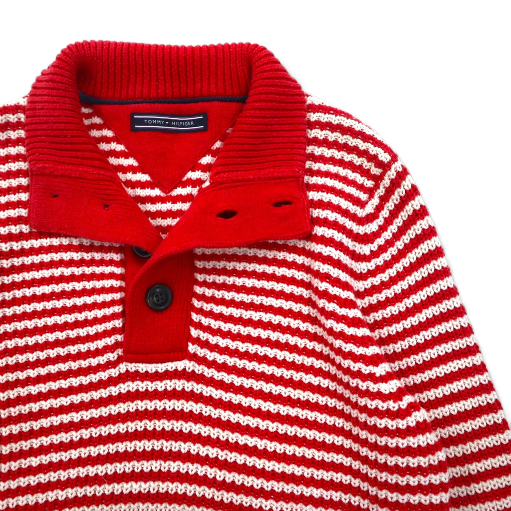 TOMMY HILFIGER ハーフボタン ワッフルニットセーター L レッド ボーダー ローゲージ