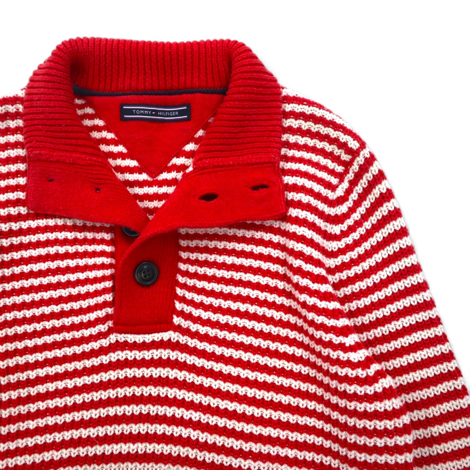TOMMY HILFIGER Maglione in maglia waffle con mezza abbottonatura, taglia L, rosso a righe, a maglia larga
