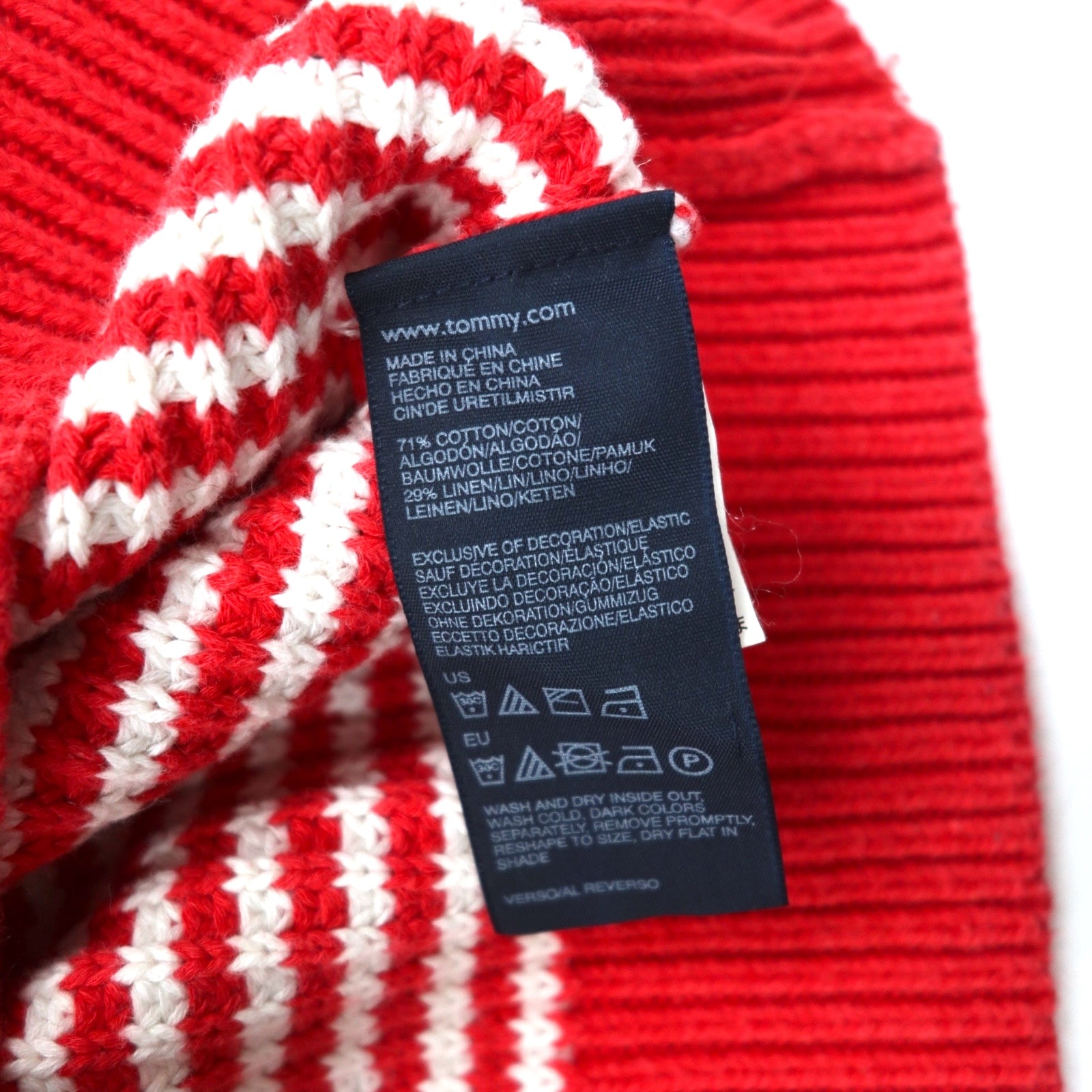 TOMMY HILFIGER Maglione in maglia waffle con mezza abbottonatura, taglia L, rosso a righe, a maglia larga