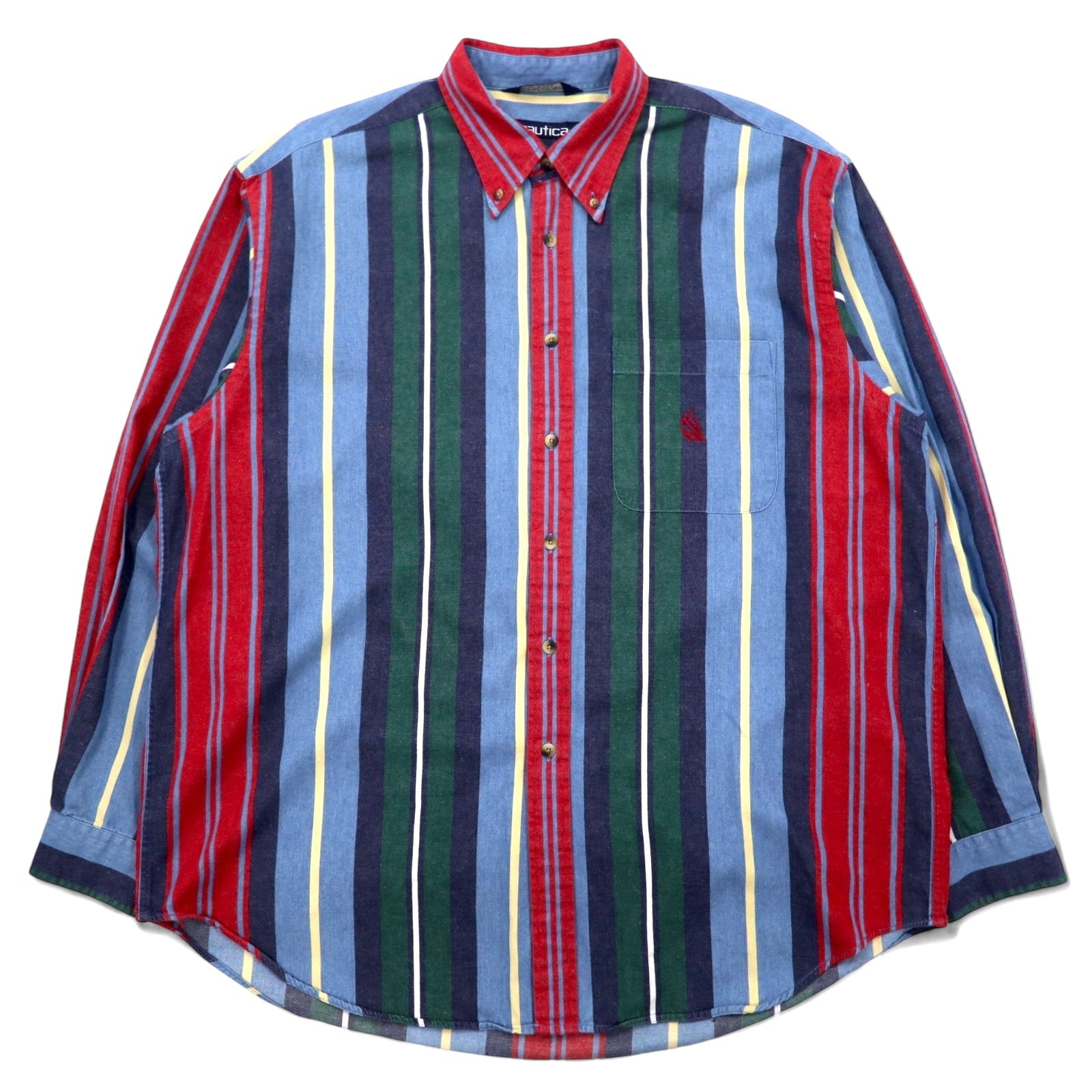 Camicia button-down Nautica USA, anni '90, a righe multicolor, taglia XL, blu, in cotone, con ricamo sul petto