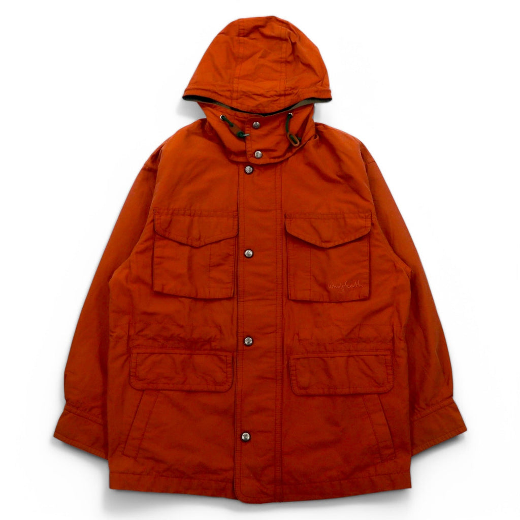 Whole Earth collection anni '90, Mountain parka in tessuto 65/35, taglia L, colore arancione, cappuccio staccabile, doppia zip, coulisse.