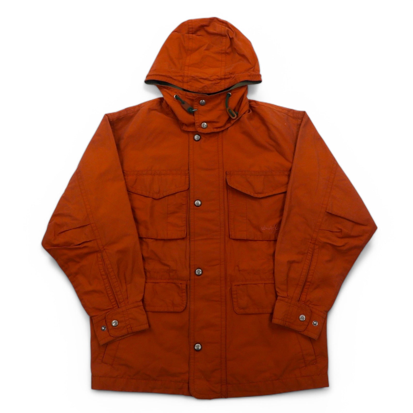 Whole Earth collection anni '90, Mountain parka in tessuto 65/35, taglia L, colore arancione, cappuccio staccabile, doppia zip, coulisse.