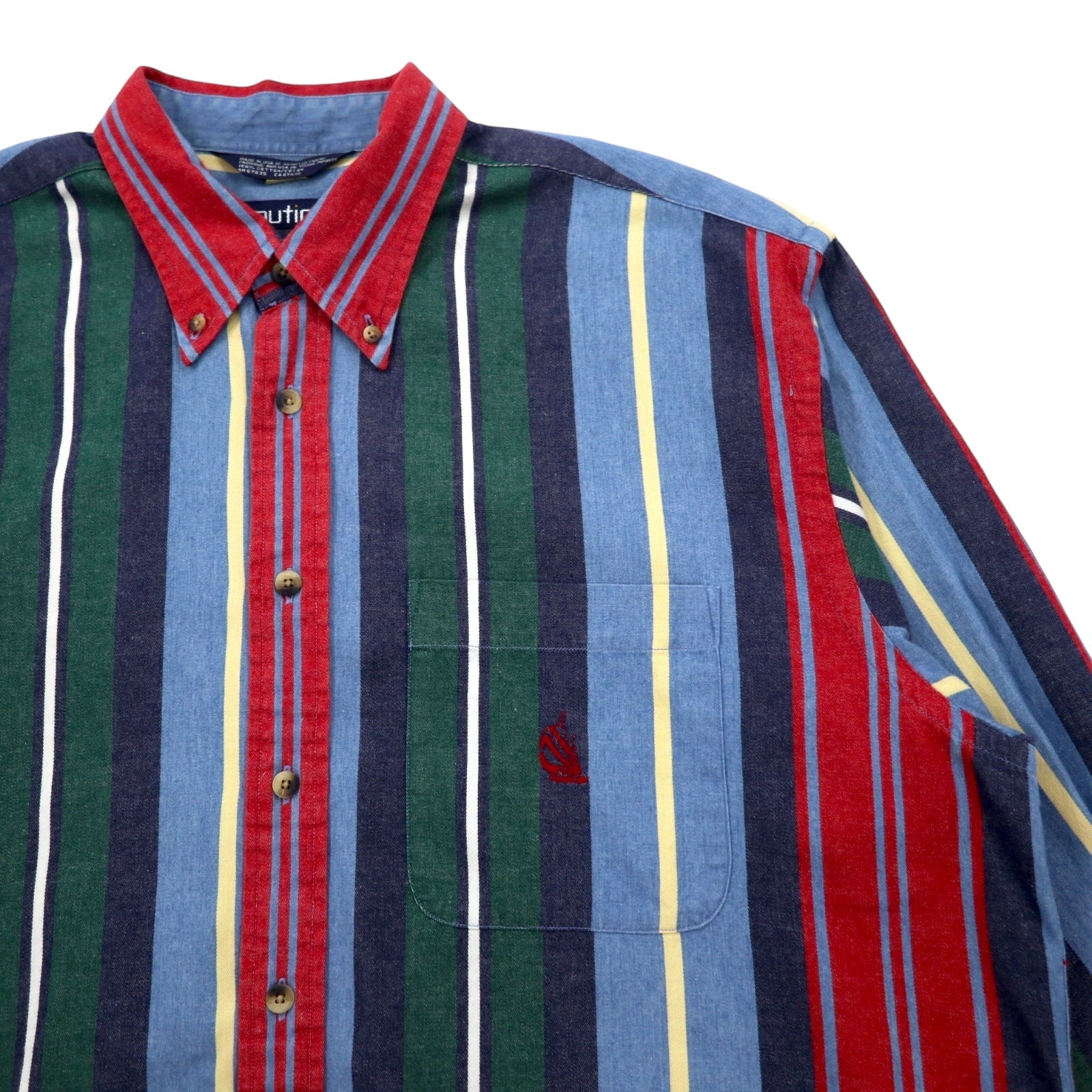 Camicia button-down Nautica USA, anni '90, a righe multicolor, taglia XL, blu, in cotone, con ricamo sul petto