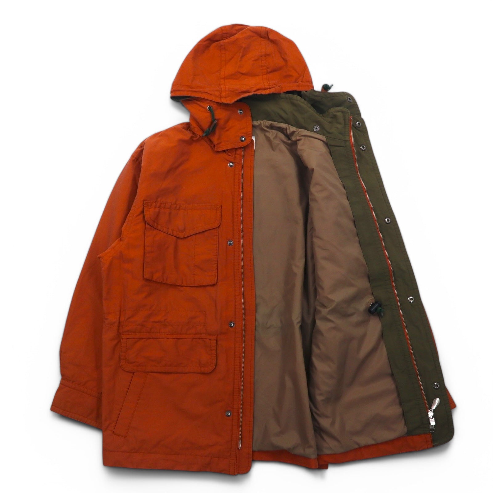 Whole Earth collection anni '90, Mountain parka in tessuto 65/35, taglia L, colore arancione, cappuccio staccabile, doppia zip, coulisse.