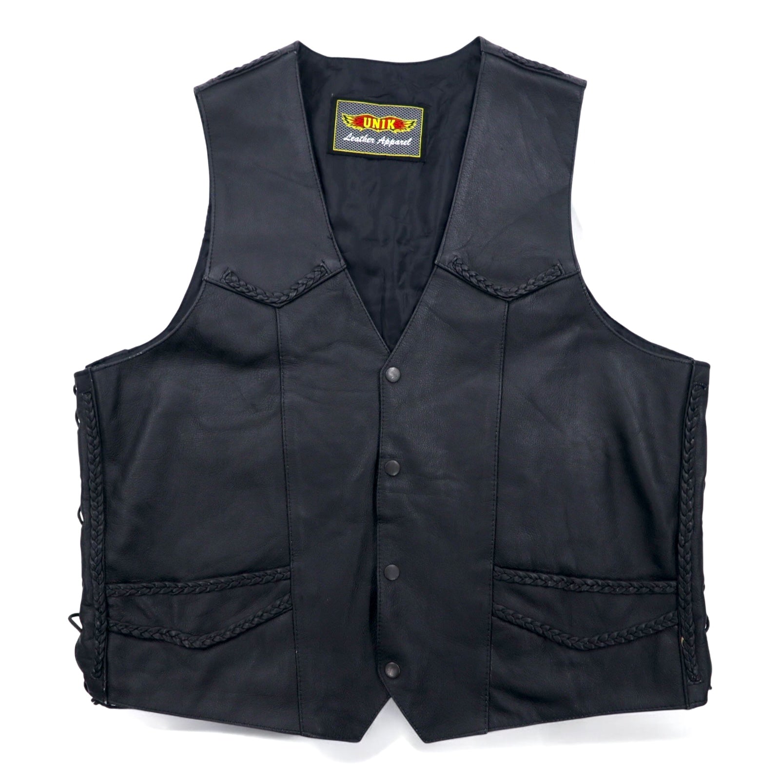 Anni '90 UNIK Leather Apparel gilet di pelle da motociclista, taglia XL, colore nero, bottoni a pressione, allacciatura laterale