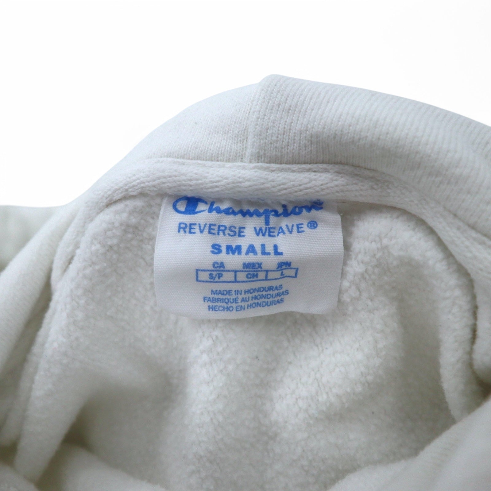 Champion Reverse Weave Felpa con cappuccio pullover L bianca Etichetta blu singolo Reissue Made in Honduras