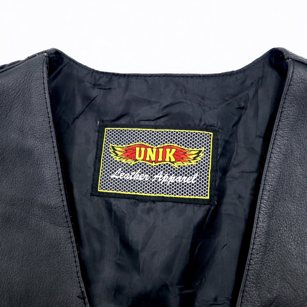 Anni '90 UNIK Leather Apparel gilet di pelle da motociclista, taglia XL, colore nero, bottoni a pressione, allacciatura laterale
