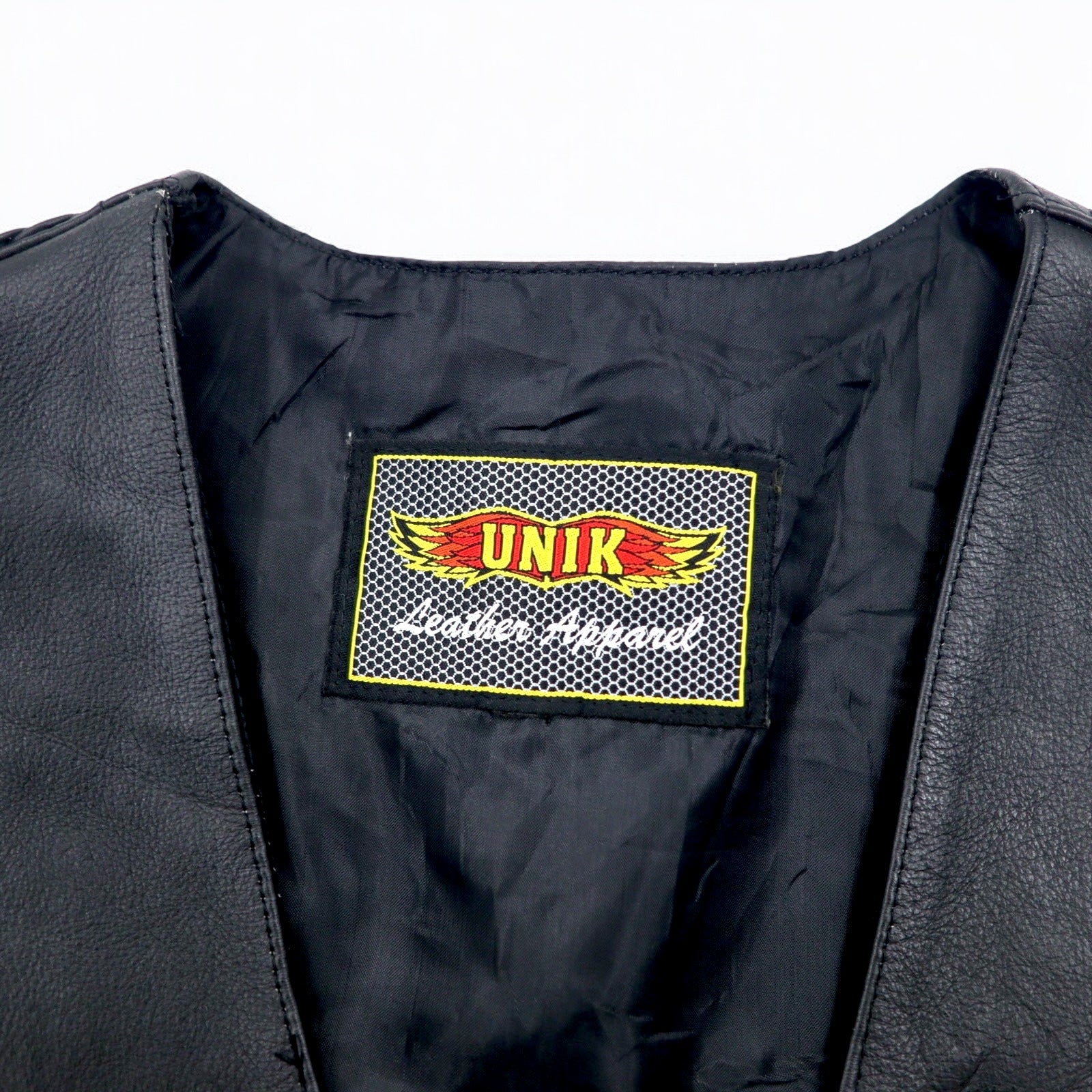 Anni '90 UNIK Leather Apparel gilet di pelle da motociclista, taglia XL, colore nero, bottoni a pressione, allacciatura laterale