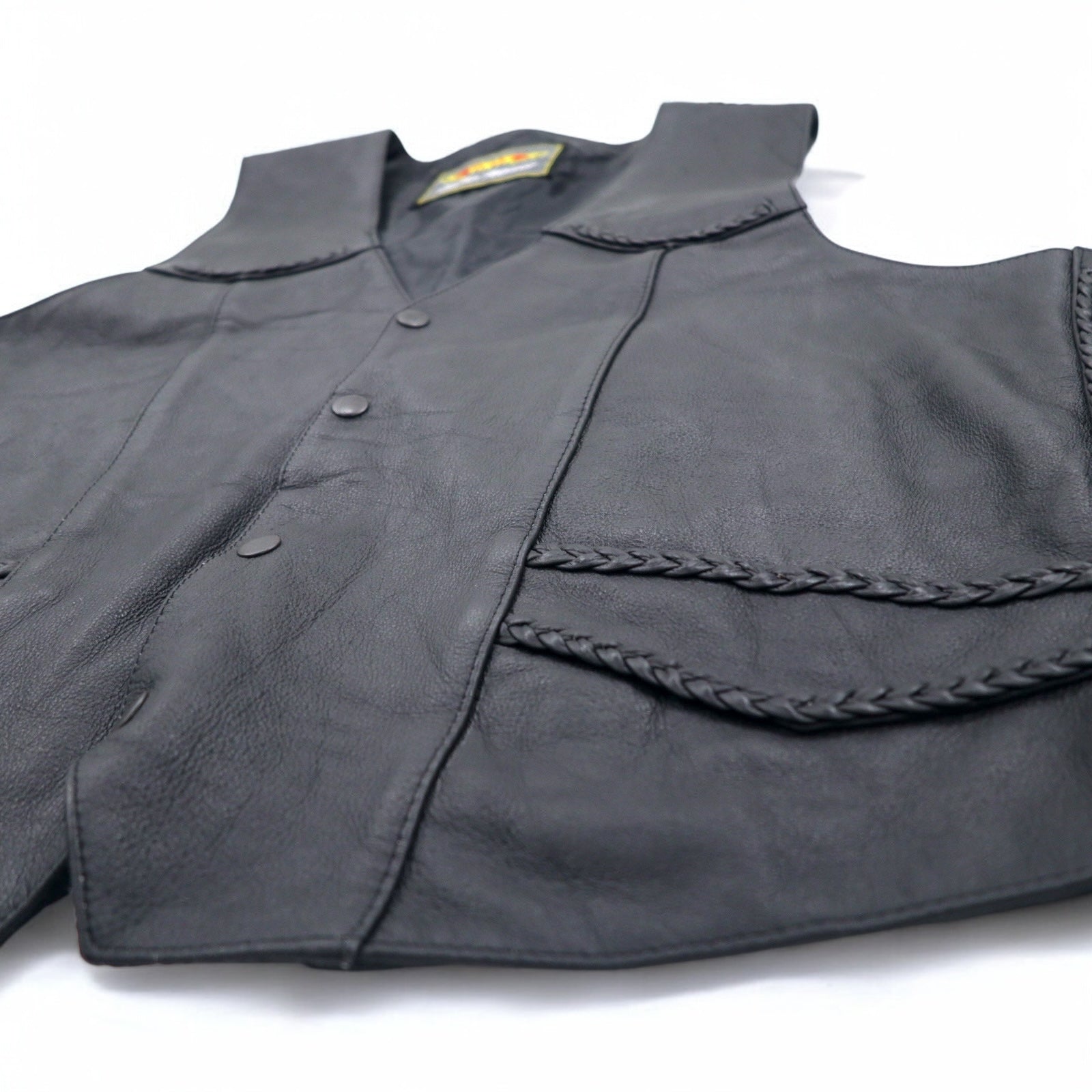 Anni '90 UNIK Leather Apparel gilet di pelle da motociclista, taglia XL, colore nero, bottoni a pressione, allacciatura laterale