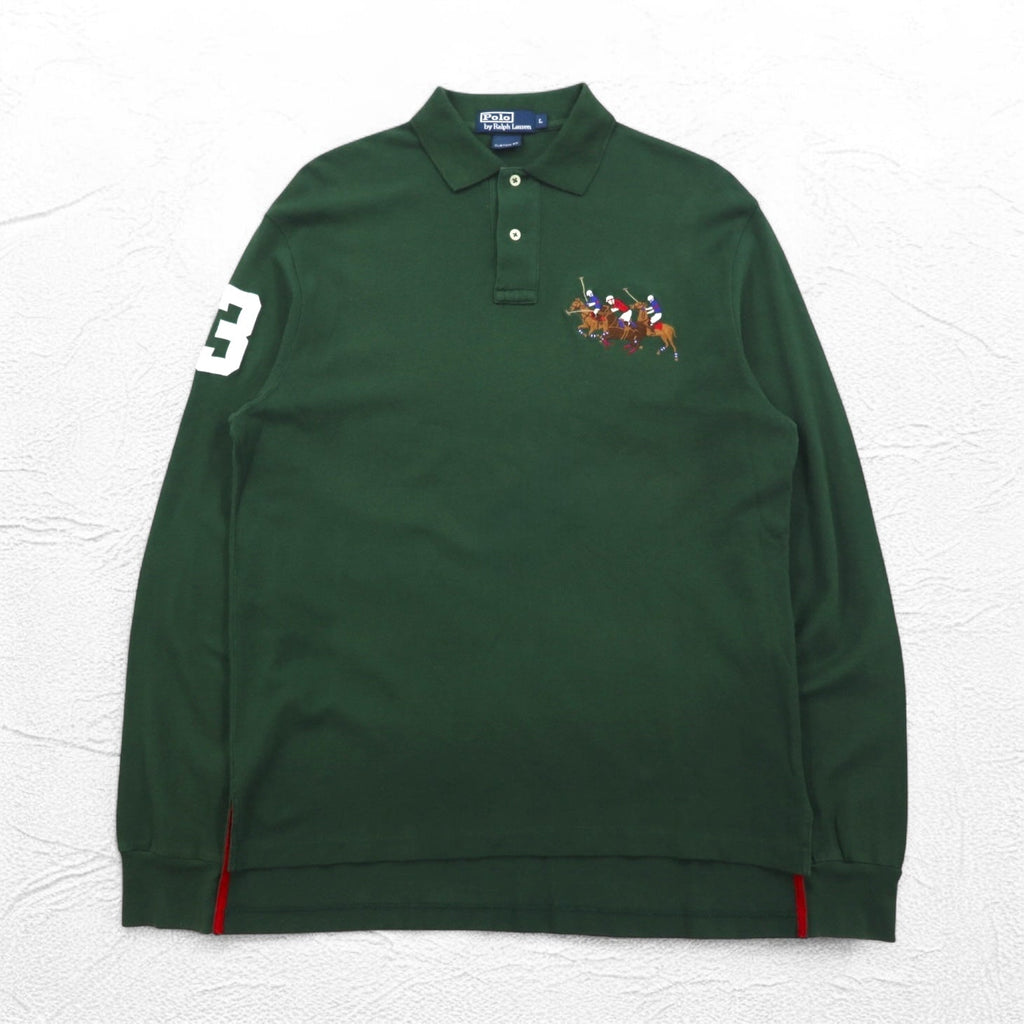 Polo by Ralph Lauren Polo a maniche lunghe Rugby shirt L Verde Piqué CUSTOM FIT Ricamo Numeri