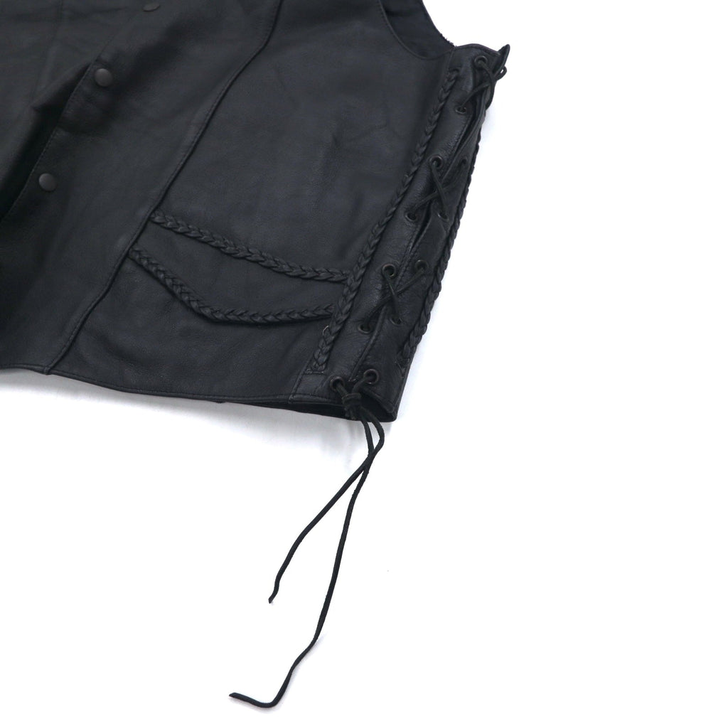Anni '90 UNIK Leather Apparel gilet di pelle da motociclista, taglia XL, colore nero, bottoni a pressione, allacciatura laterale