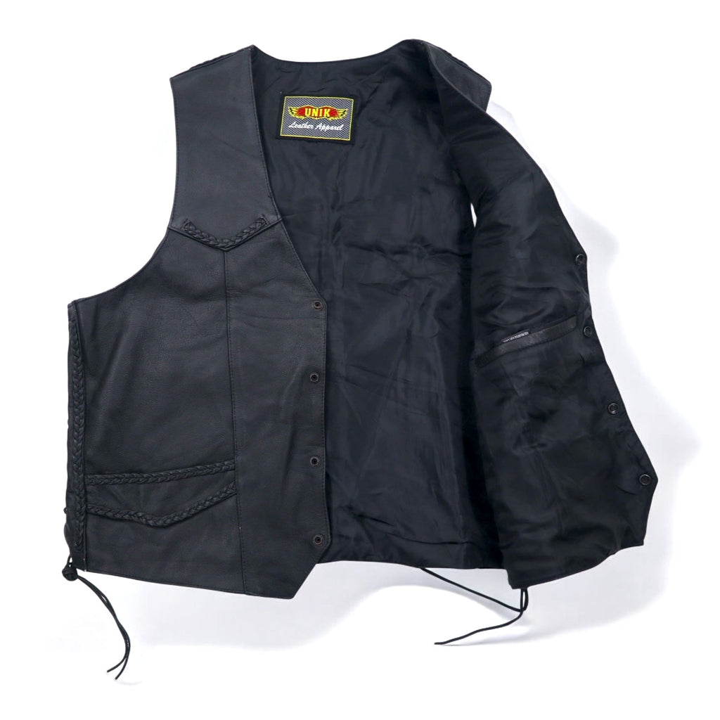 Anni '90 UNIK Leather Apparel gilet di pelle da motociclista, taglia XL, colore nero, bottoni a pressione, allacciatura laterale
