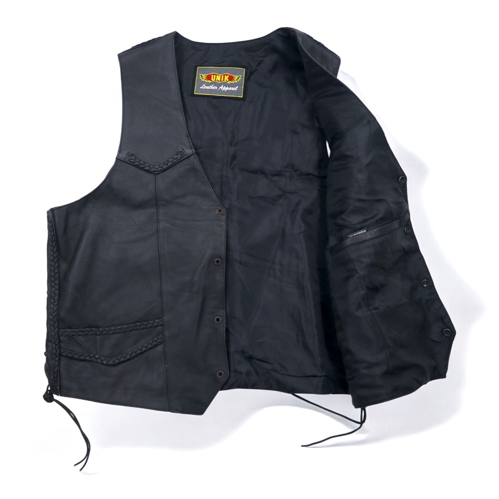 Anni '90 UNIK Leather Apparel gilet di pelle da motociclista, taglia XL, colore nero, bottoni a pressione, allacciatura laterale